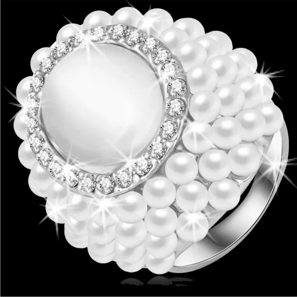 New Pearl Cats Eye Crystal cz Pave Halo Set Cocktail Statement Bling Ring Silver - Picture 2 of 2